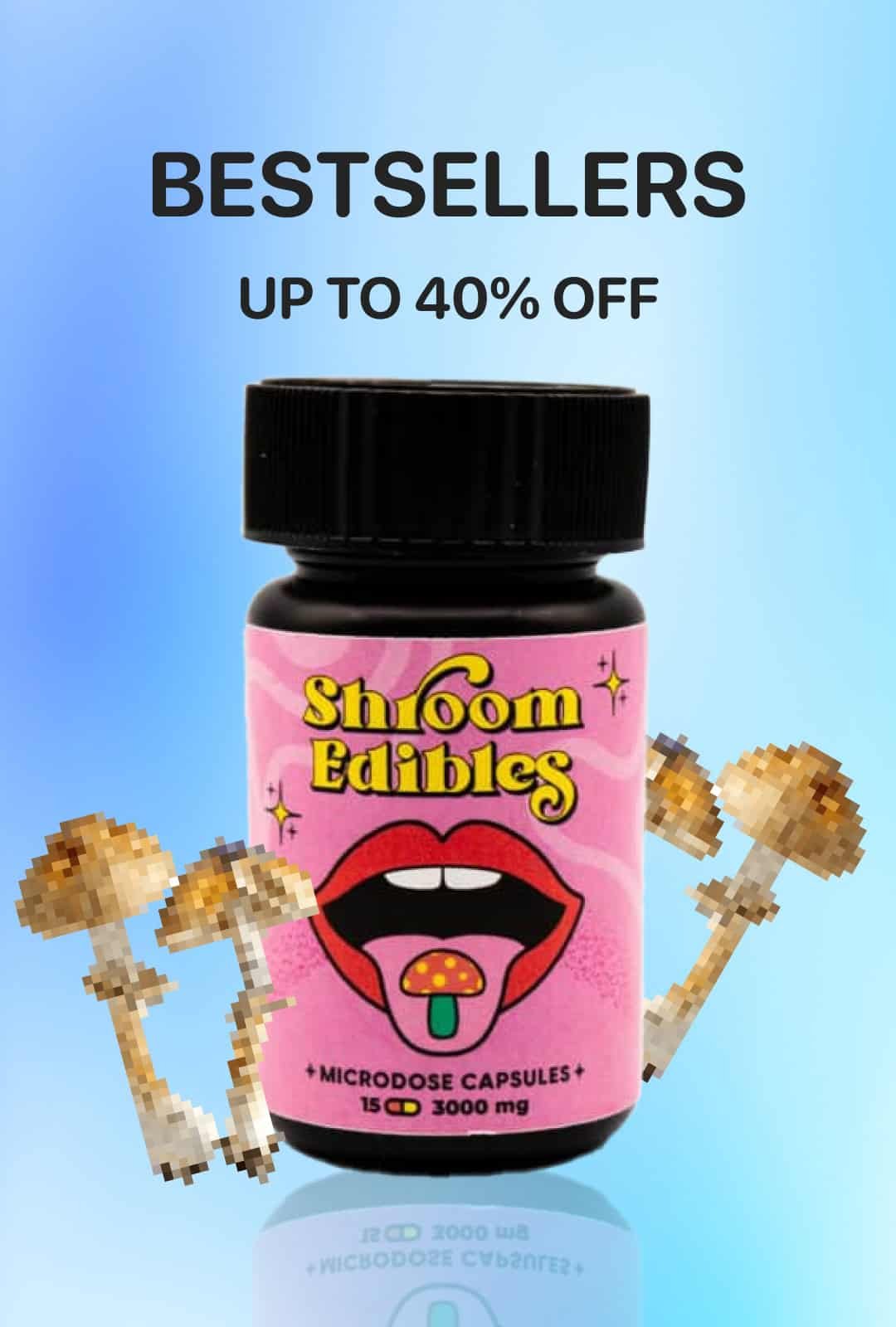 Vibrant pink bottle labeled “Shroom Edibles” with cartoon mushroom and lips for microdose psilocybin capsules.