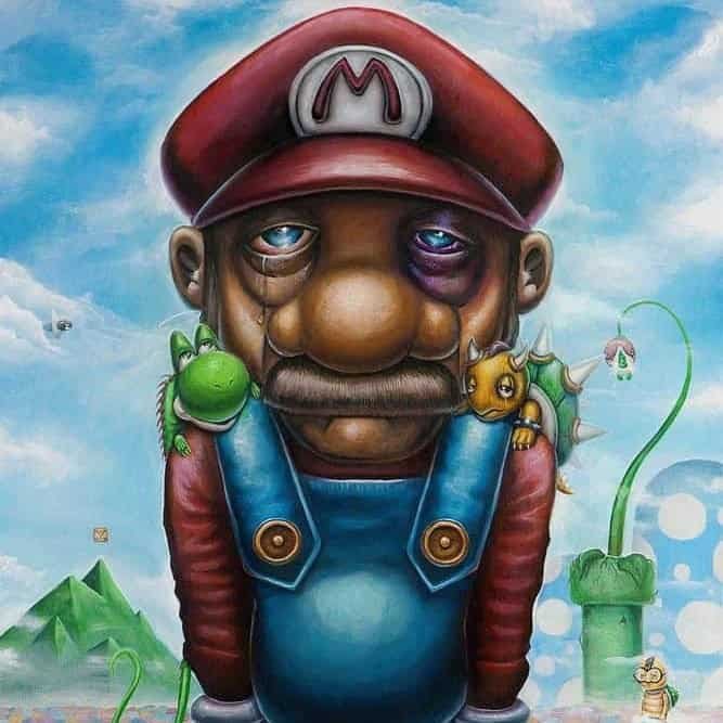 Colorful Mario-inspired street art mural with characters and vibrant background.