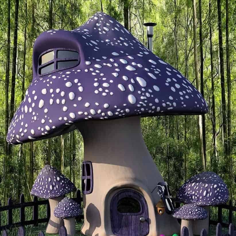Fantasy mushroom house with purple cap and white spots in enchanted forest.