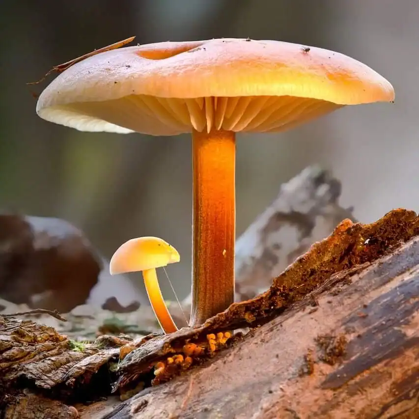 Close-up of two vibrant orange mushrooms on decayed wood.