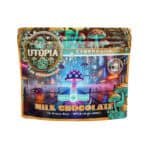Vibrant cyberpunk-themed packaging featuring luminous mushrooms for psychedelic mushroom chocolate.