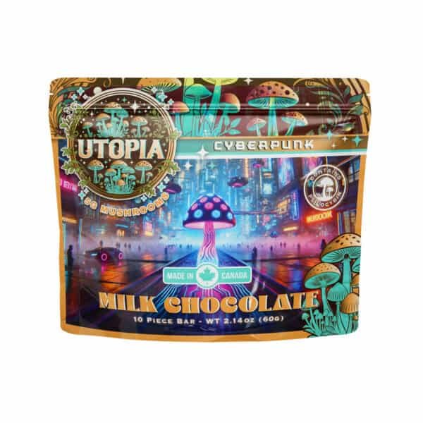 Vibrant cyberpunk-themed packaging featuring luminous mushrooms for psychedelic mushroom chocolate.