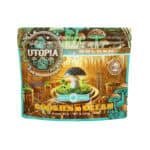 Bright packaging with colorful mushrooms and futuristic cityscape design.
