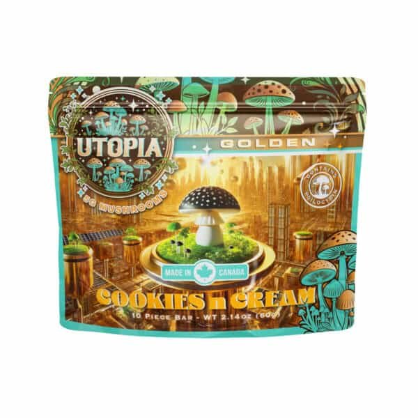 Bright packaging with colorful mushrooms and futuristic cityscape design.