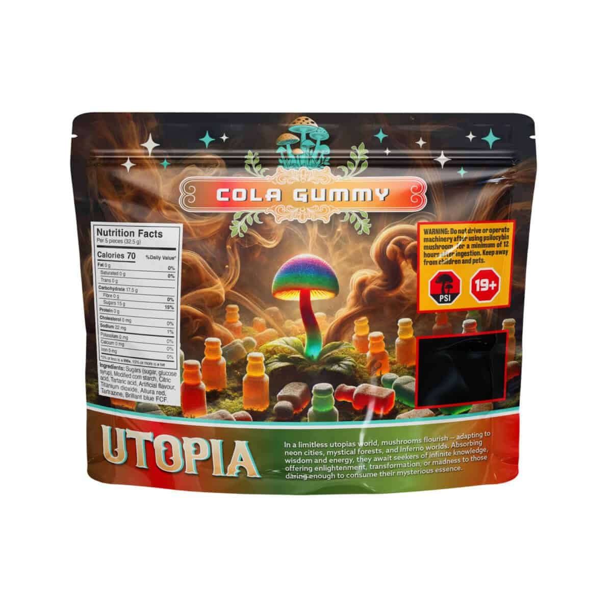 Colorful mushroom-shaped gummies in a fantasy-themed package suitable for adult consumers.