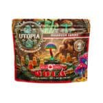 Colorful psychedelic mushroom and gummy candies in a vibrant package.