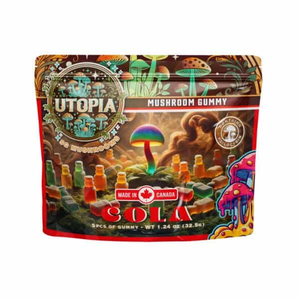 Colorful psychedelic mushroom and gummy candies in a vibrant package.