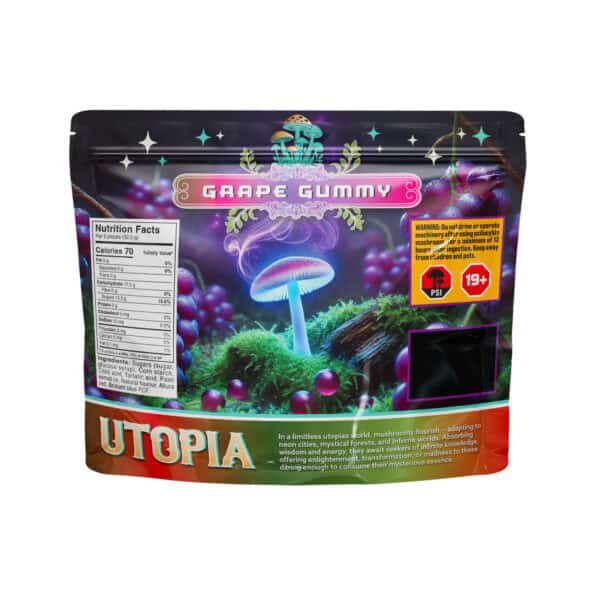 Vivid psychedelic mushroom gummies with grape flavor for legal use, perfect for mushroom enthusiasts.