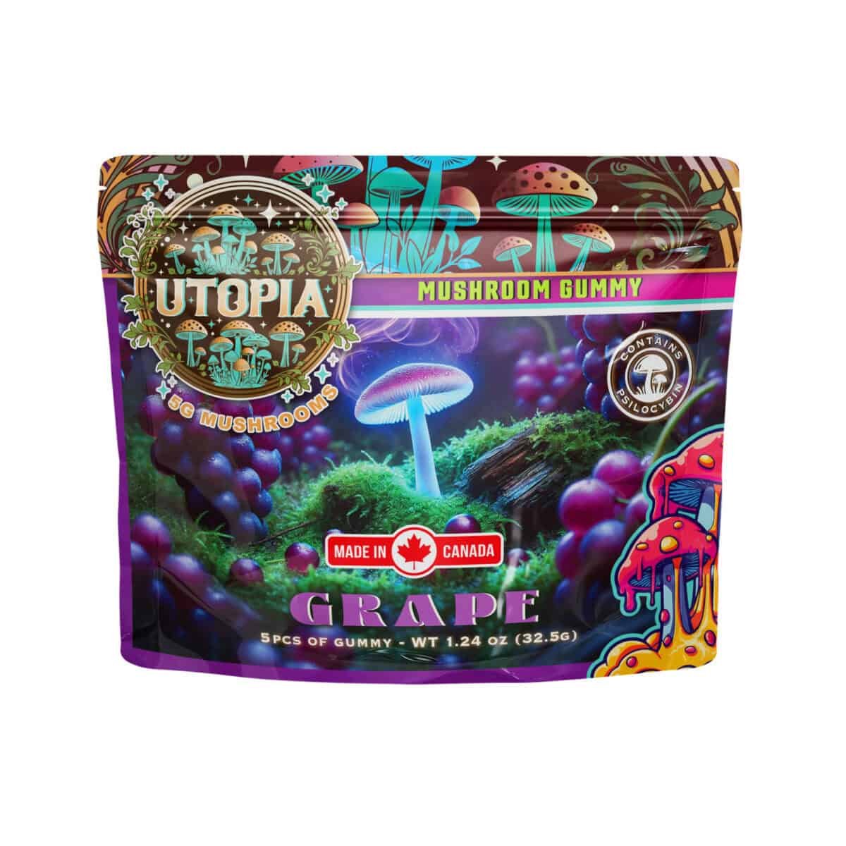 Brightly colored packaging featuring enchanted mushroom imagery, emphasizing natural and psychedelic benefits.