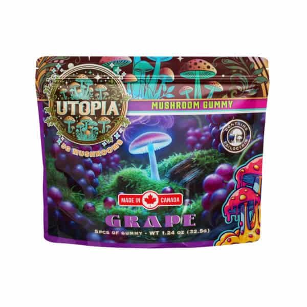 Brightly colored packaging featuring enchanted mushroom imagery, emphasizing natural and psychedelic benefits.