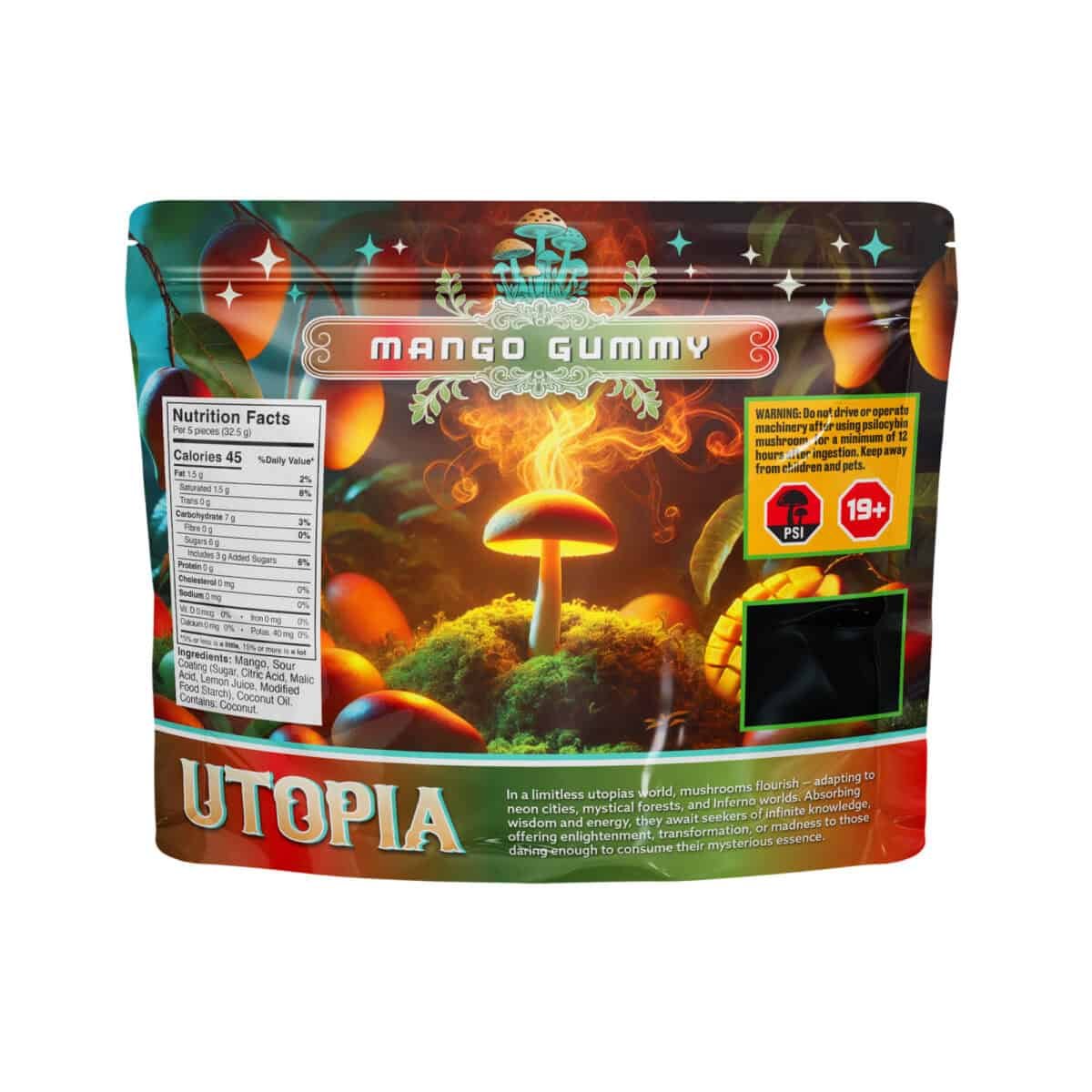 Vivid mushroom-themed packaging with vibrant colors and fantasy mushroom illustration.