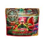 Bright, colorful package featuring mushrooms and watermelon imagery.