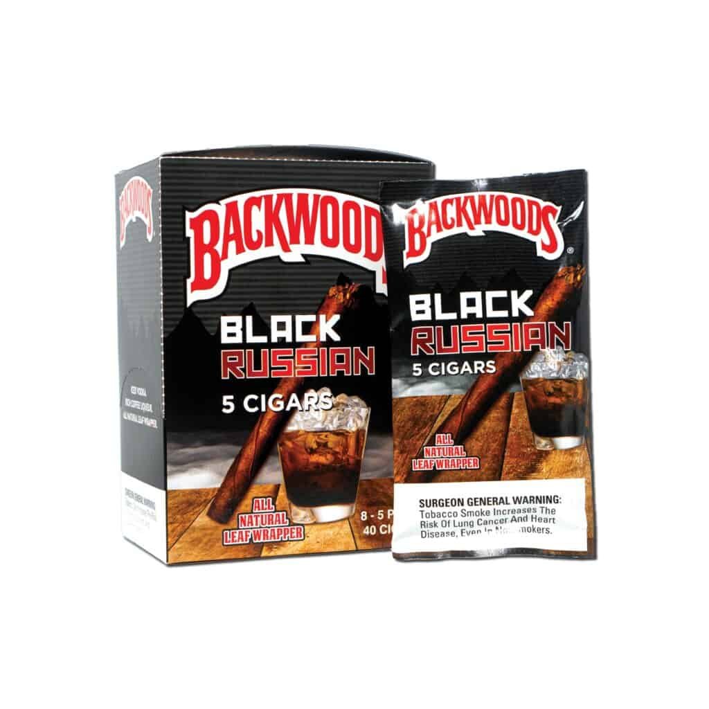 Premium cigar pack with 5 natural leaf-wrapped cigars and a vodka shot image.