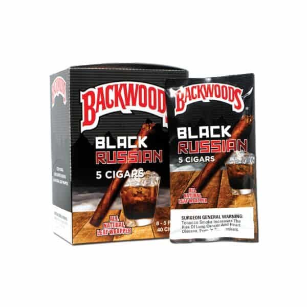 Premium cigar pack with 5 natural leaf-wrapped cigars and a vodka shot image.
