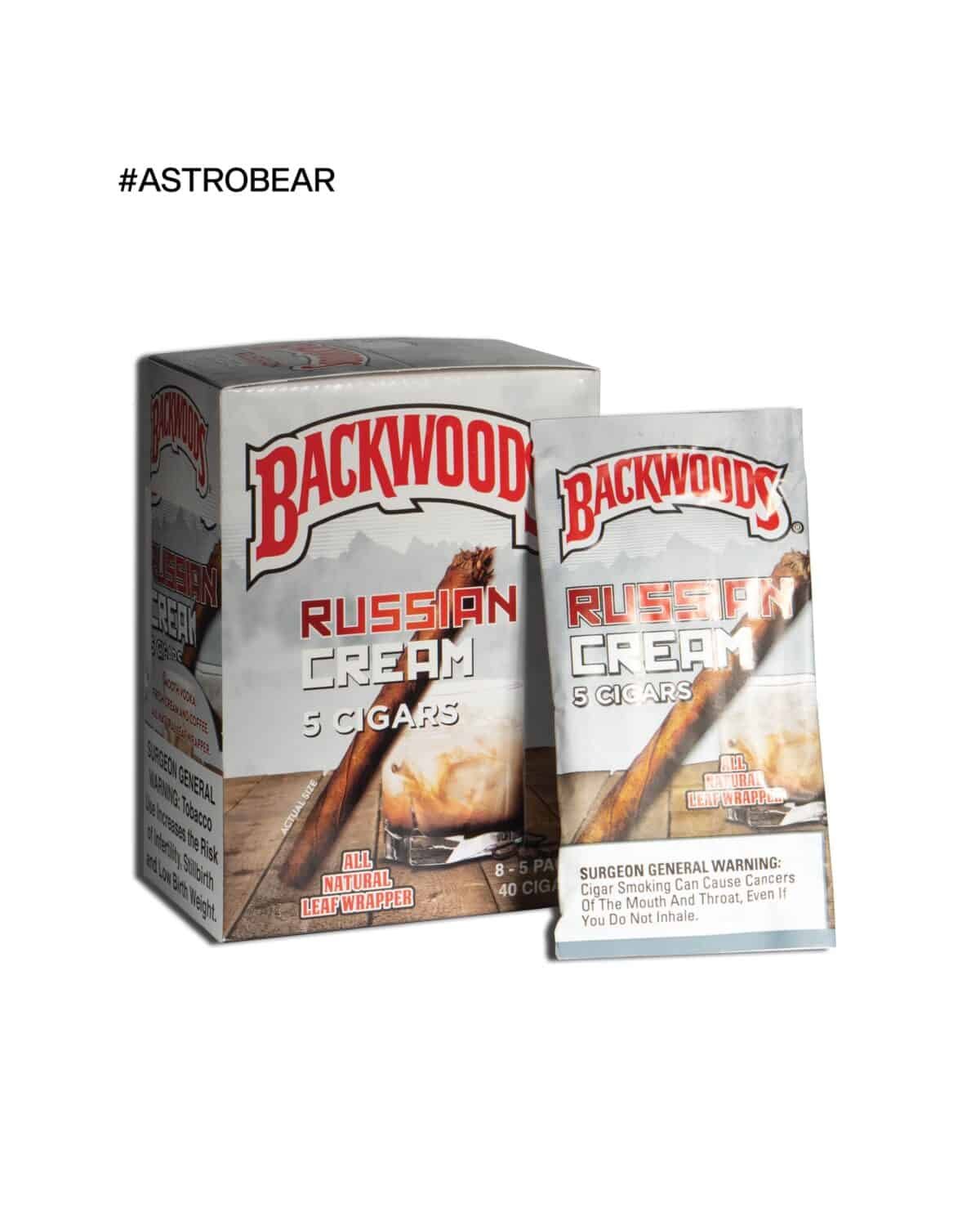 Package of Backwoods Russian Cream cigars with pack and wrapper, natural leaf flavor, and warning label.