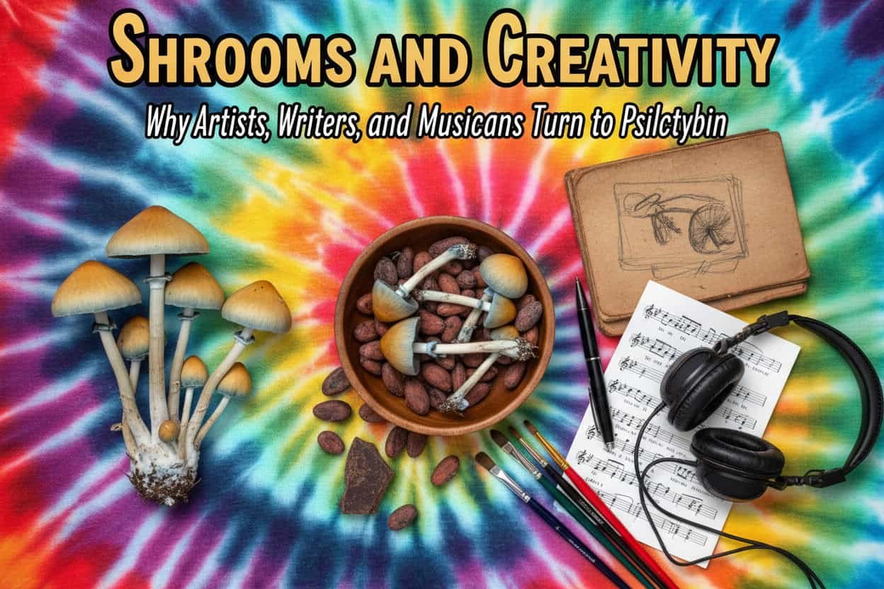 Colorful tie-dye fabric with psilocybin mushrooms, music sheets, headphones, and art supplies.